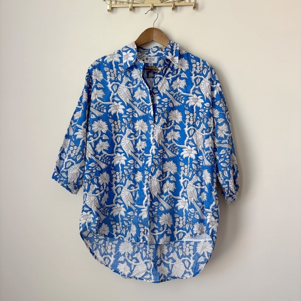 Holly Shae Blue Floral Cotton Popover Top OS Summer Resortwear